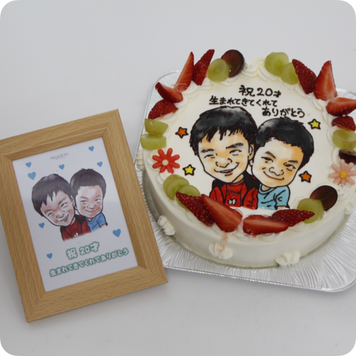 似顔絵ケーキ（人物２体・フォトスタンド付き）【6号・18cm／6~8名様用】