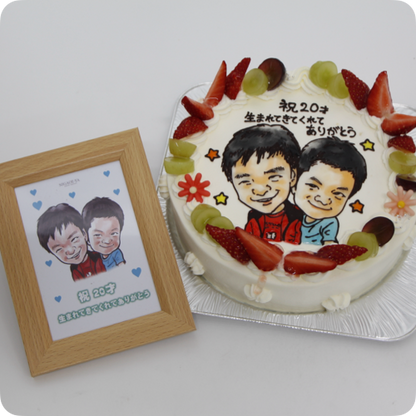 似顔絵ケーキ（人物２体・フォトスタンド付き）【6号・18cm／6~8名様用】